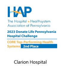 HAP Donate LIfe Pennsylvania CORE Top-Performing Health Systems - 2nd Place - CH